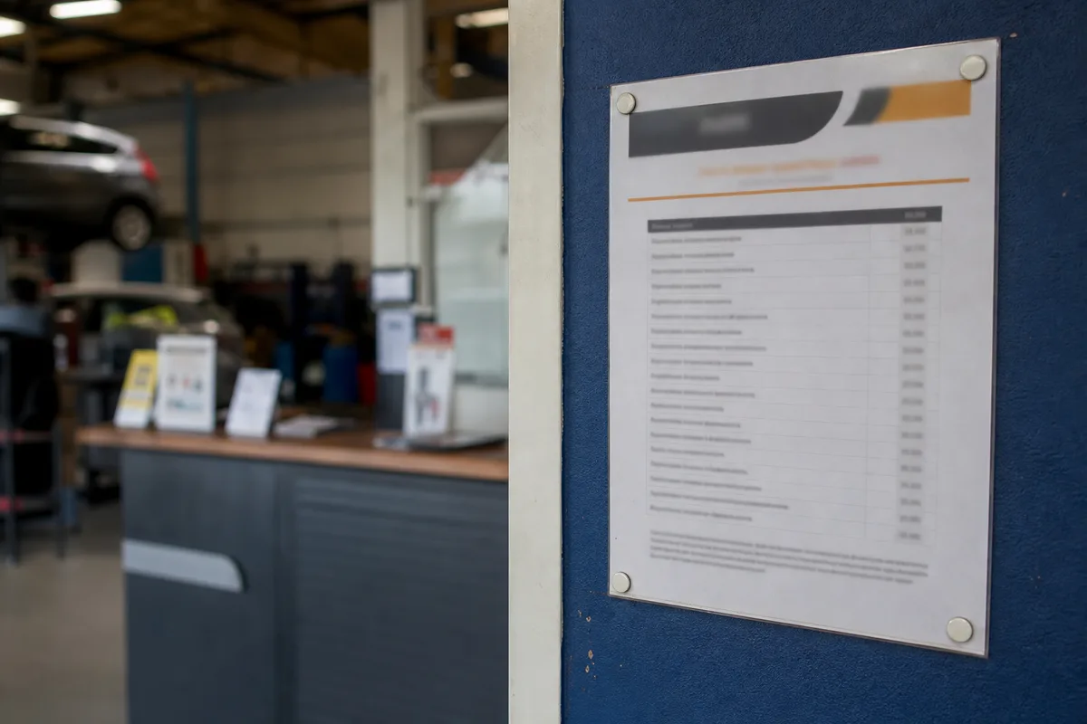 Fiche d’affichage des tarifs horaires apposée dans l’accueil d’un garage automobile