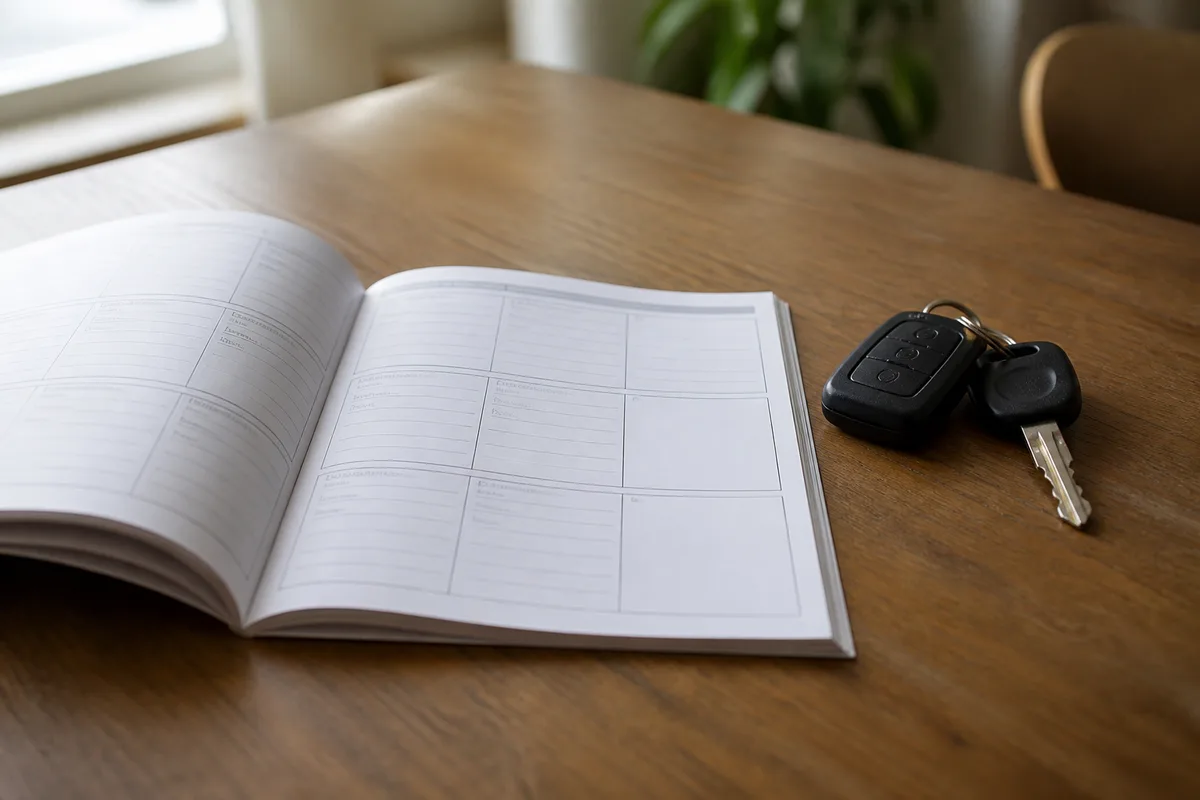 Carnet d’entretien automobile ouvert à côté d’un jeu de clés de voiture sur une table en bois