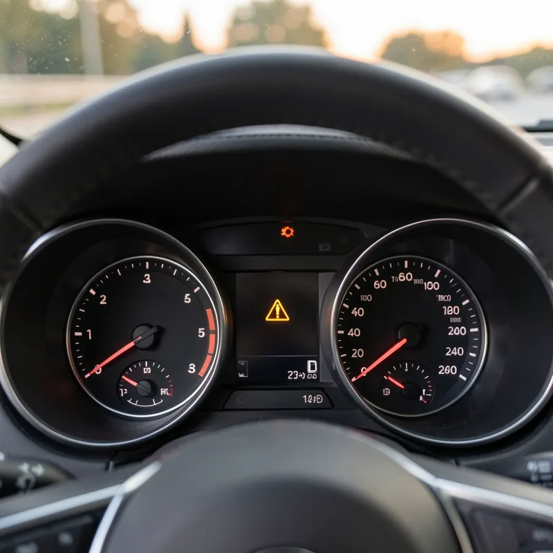 Voyant moteur orange allumé sur le combiné d’instruments d’une voiture, vu depuis le siège conducteur