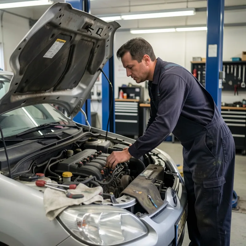 Mécanicien inspectant le compartiment moteur d’une voiture citadine dans un atelier de garage