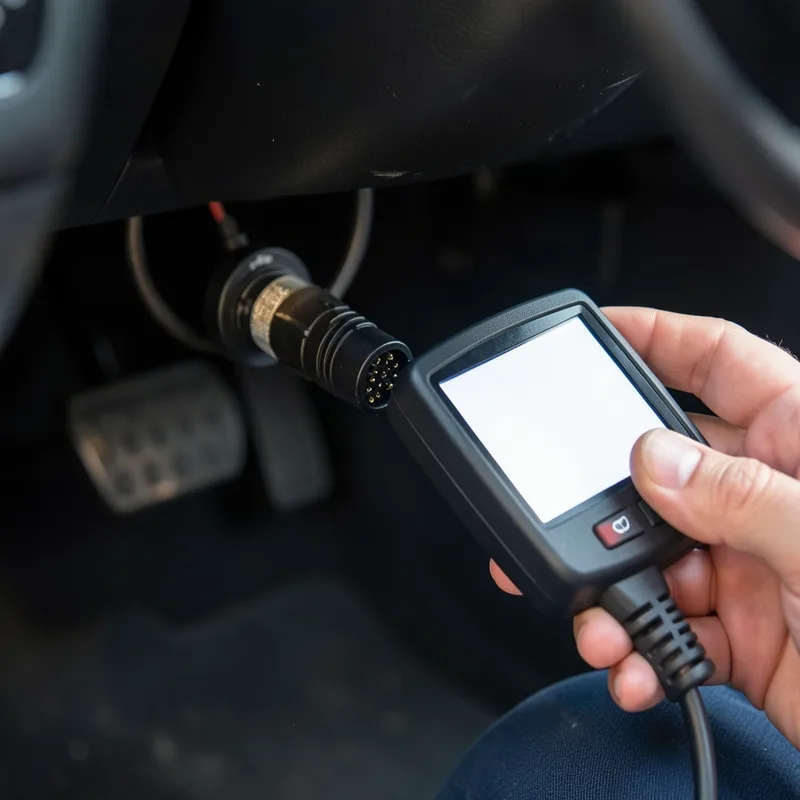 Prise de diagnostic OBD située sous le volant d’une voiture avec un lecteur de codes branché